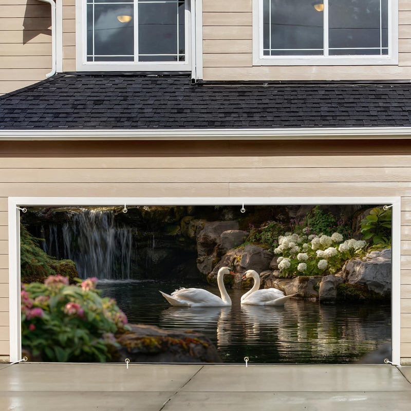 THISFIND Elegant Swan Pond Garage Door Banner – Romantic Waterfall Scene with Floral Garden for Outdoor Home Decor - Image 1